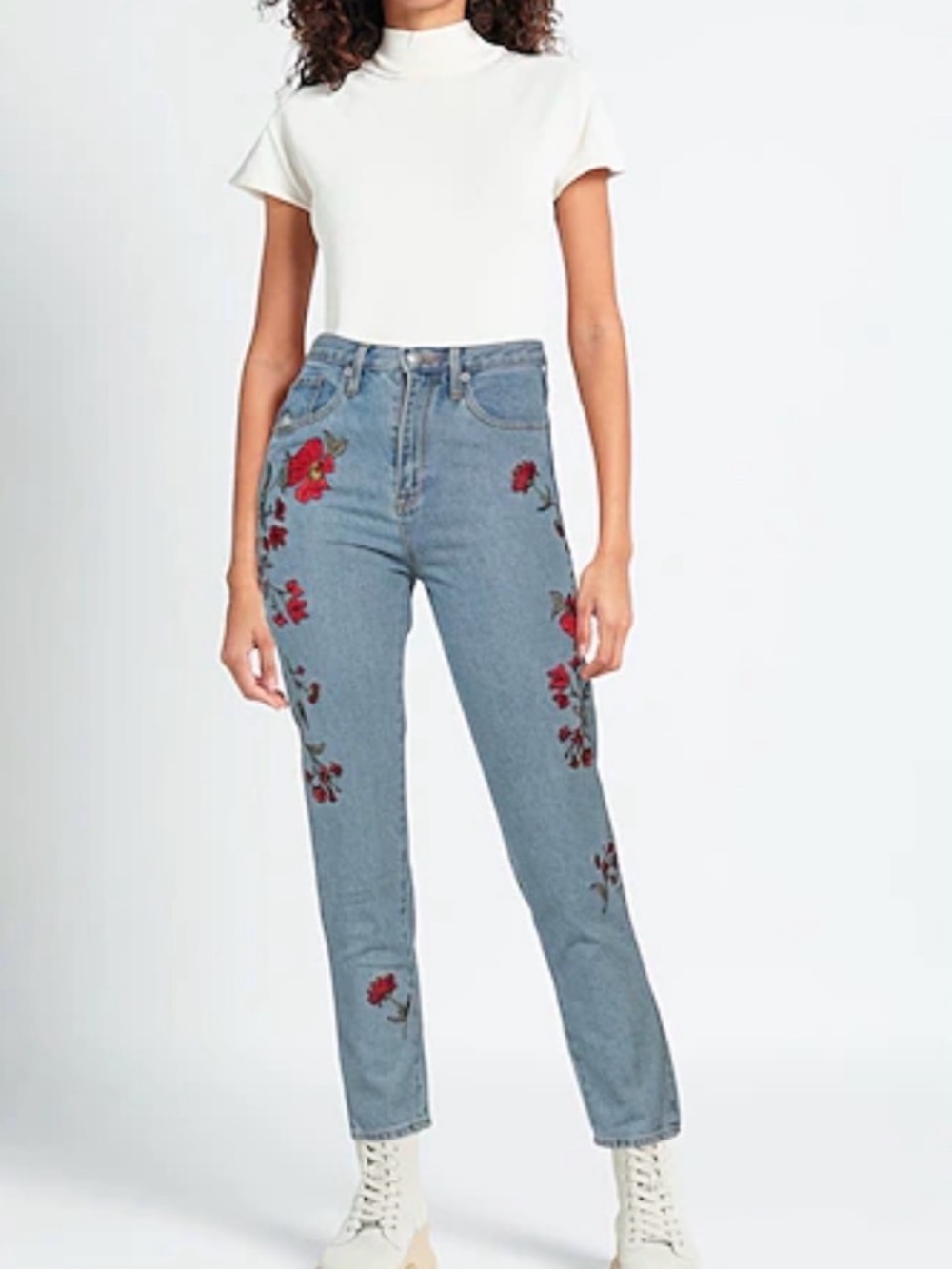 High-Rise Light Blue Jeans with Red Floral Embroidery